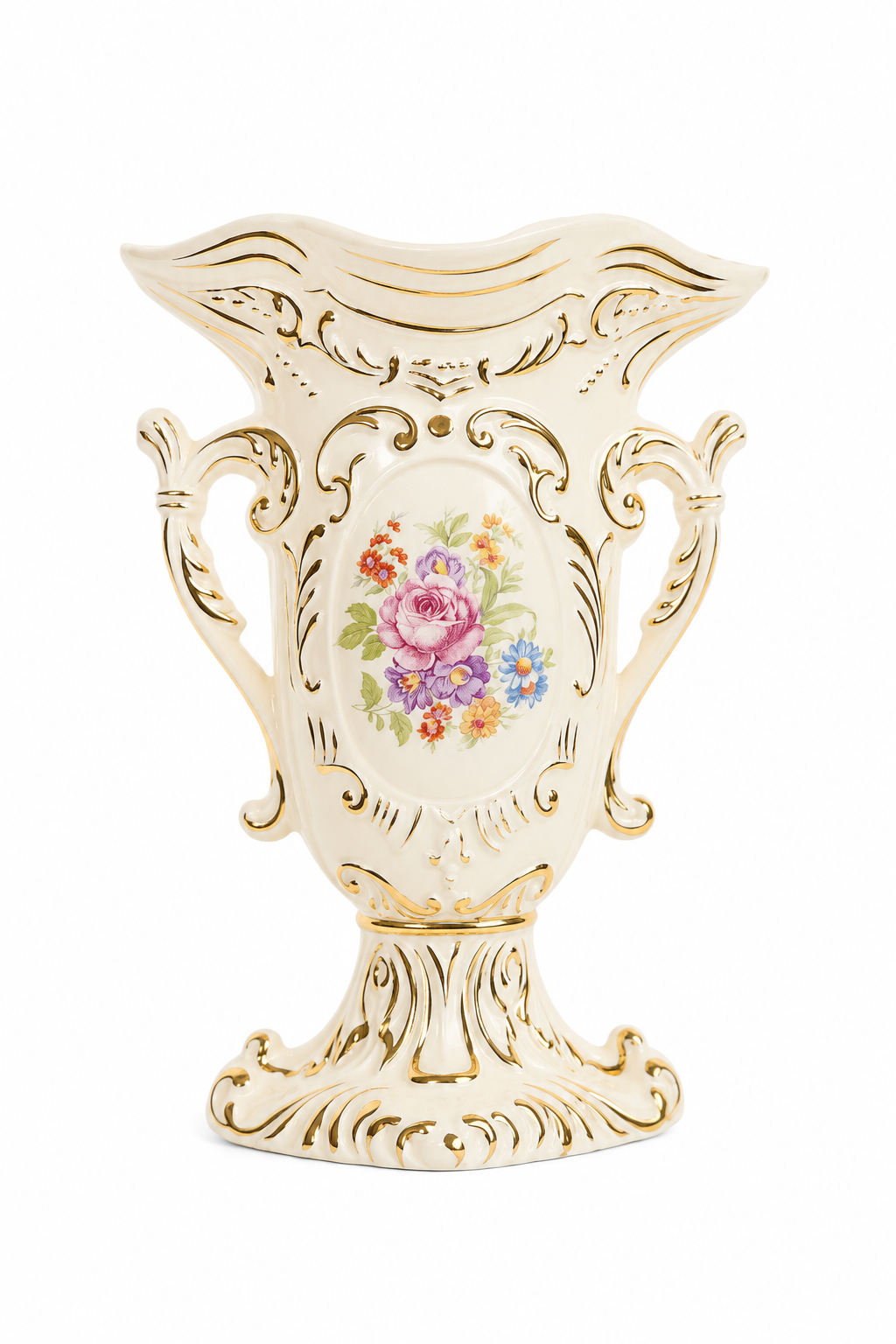Vintage 1950s–1960s Paul’s Gifts Floral Medallion Vase | Ornate Gold Gilt Ceramic Vase | Victorian Cottage Décor | 9”