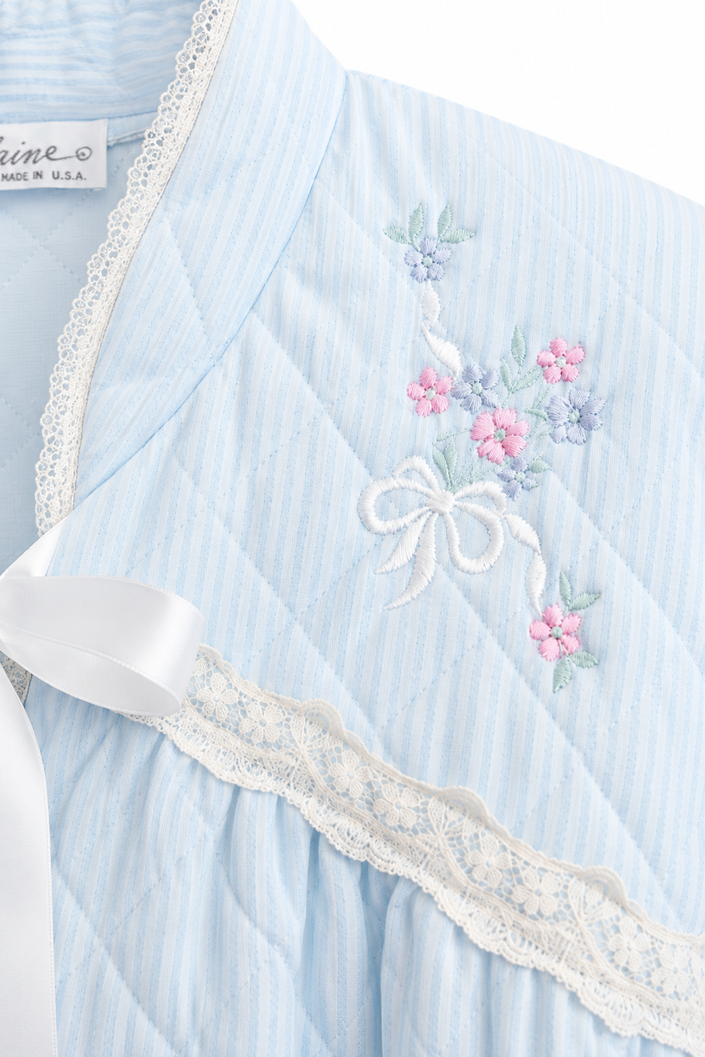 Vintage Baby Blue Quilted Floral Embroidered Robe | Made in USA Cottagecore House Coat | Size Small/Medium