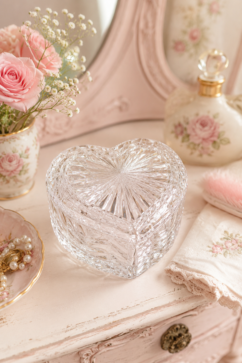Vintage Heart-Shaped Glass Trinket Box with Lid | Crystal Style Jewelry Box | Romantic Vanity Storage | Cottagecore Keepsake Box