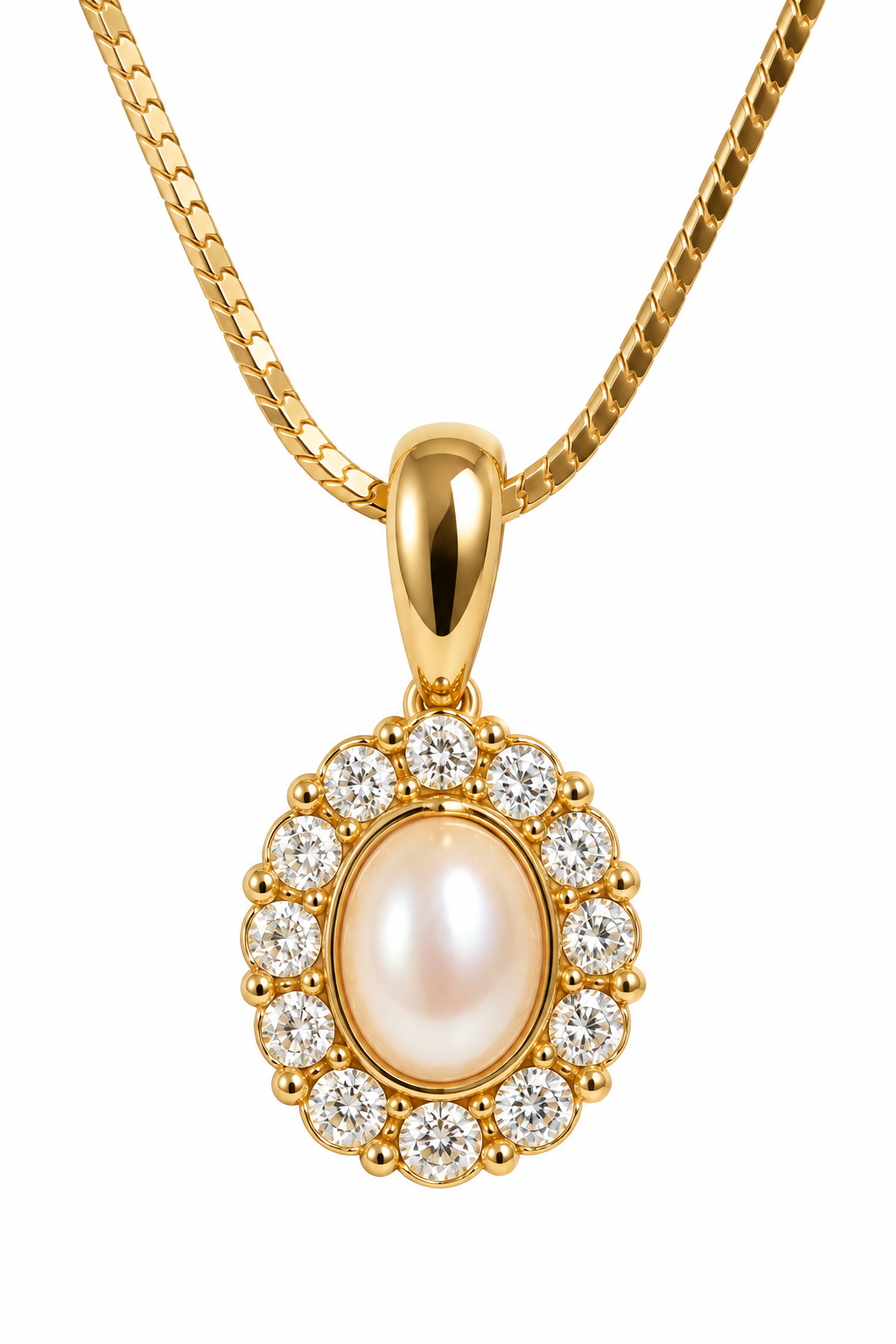 Vintage 1980s–1990s Gold-Tone Herringbone Chain Faux Pearl Rhinestone Halo Pendant Necklace