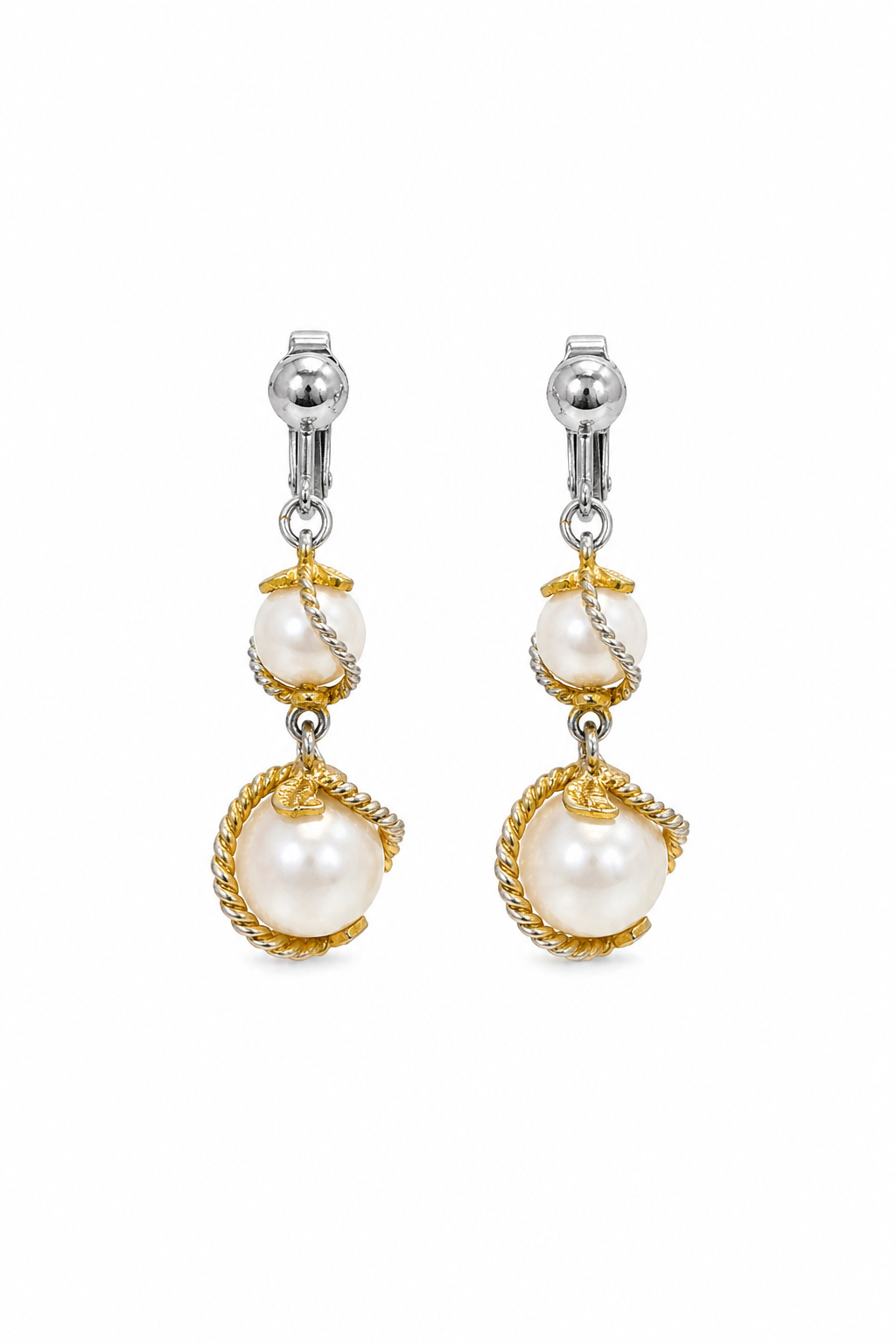 Vintage Gold & Silver Tone Faux Pearl Drop Clip-On Earrings