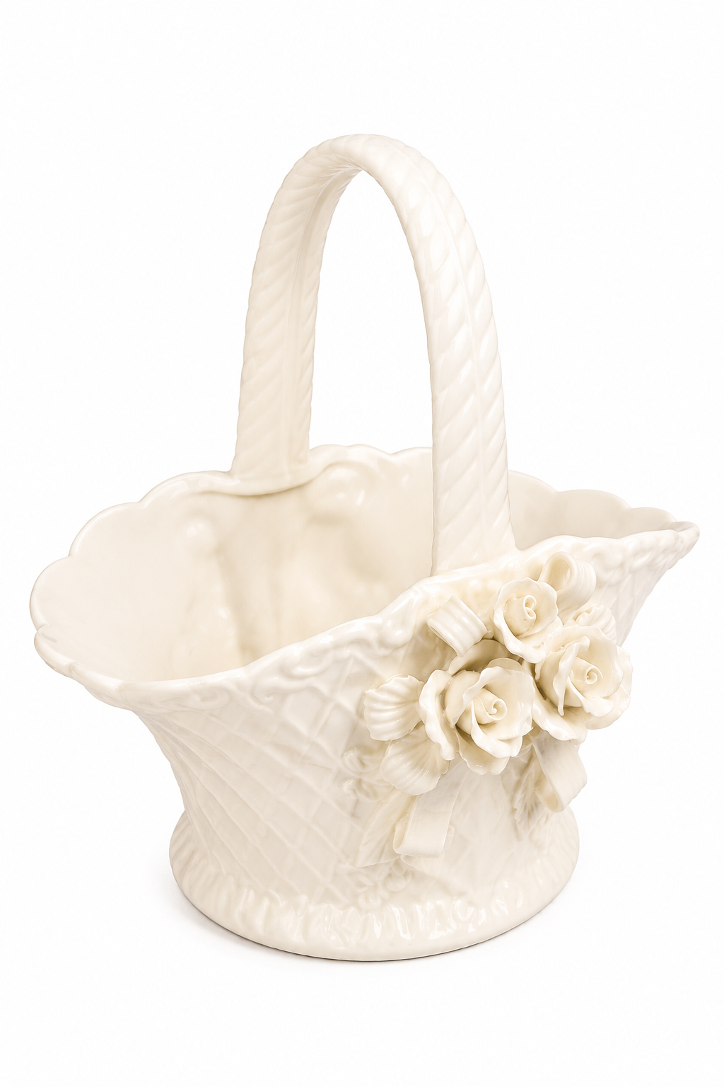 1990s Porcelain Basket with 3D Roses & Cherub Detail | Vintage Floral Basket | Romantic Cottagecore Decor