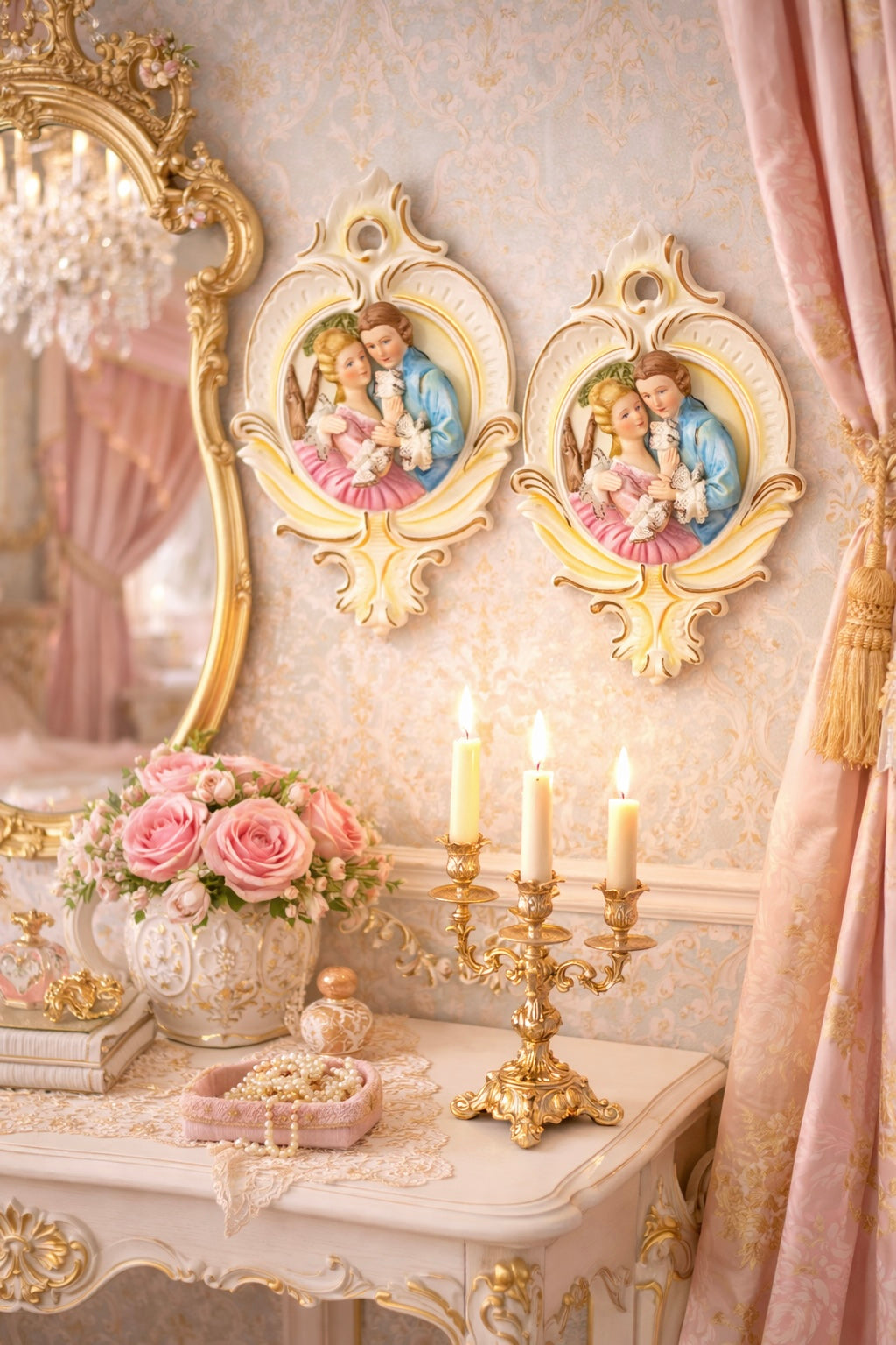Vintage 1950s Rococo Style Wall Plaques | Romantic Couple Relief Set (Made in Japan)