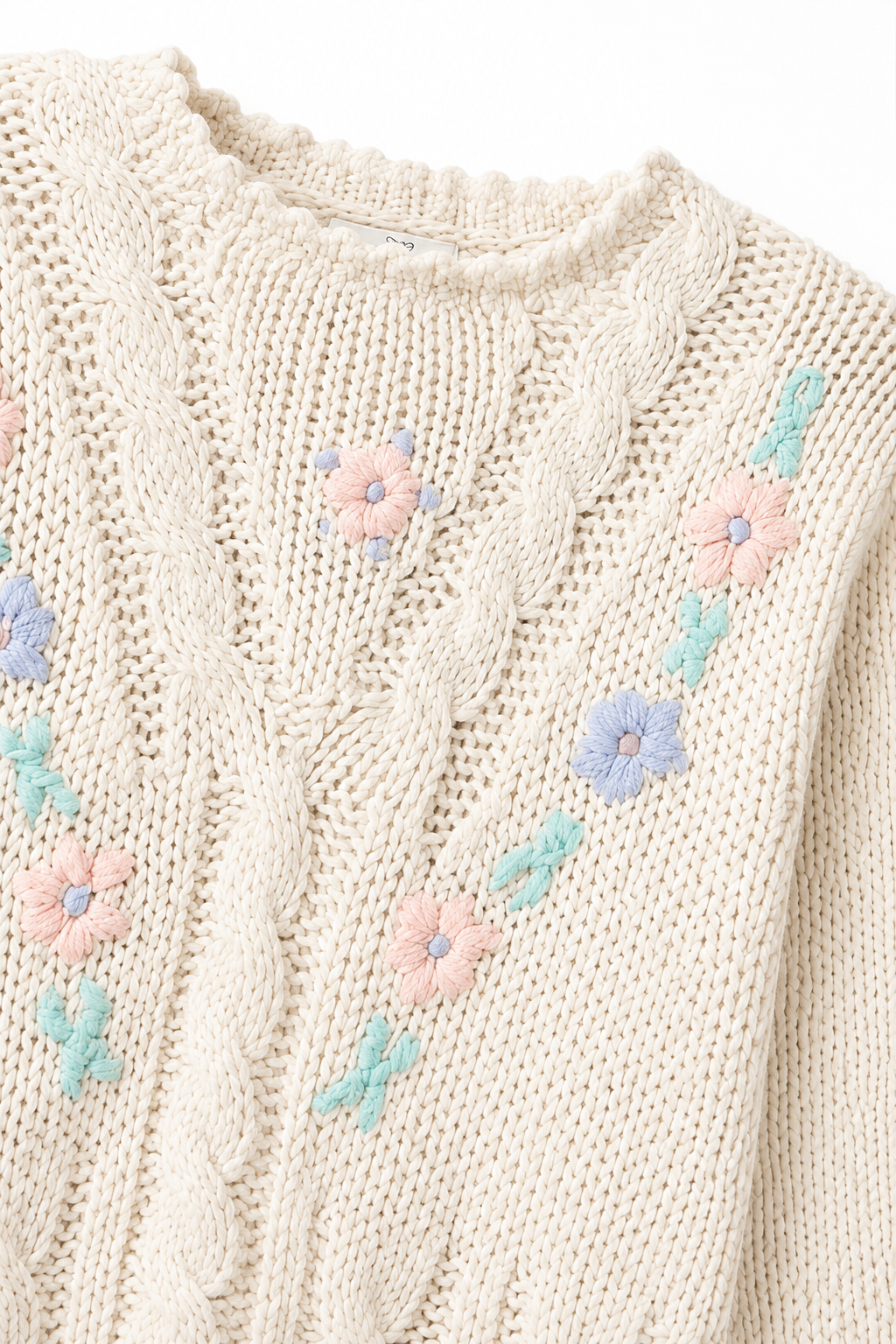 Vintage OHI Floral Embroidered Cable Knit Sweater | Cottagecore Cream Ramie Blend Pullover | Size Medium