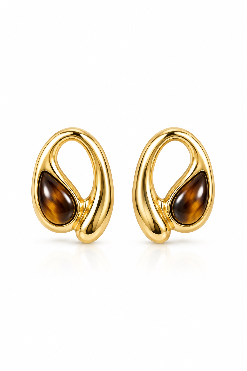 Vintage 1980s Gold-Tone Brown Teardrop Cabochon Sculptural Stud Statement Earrings