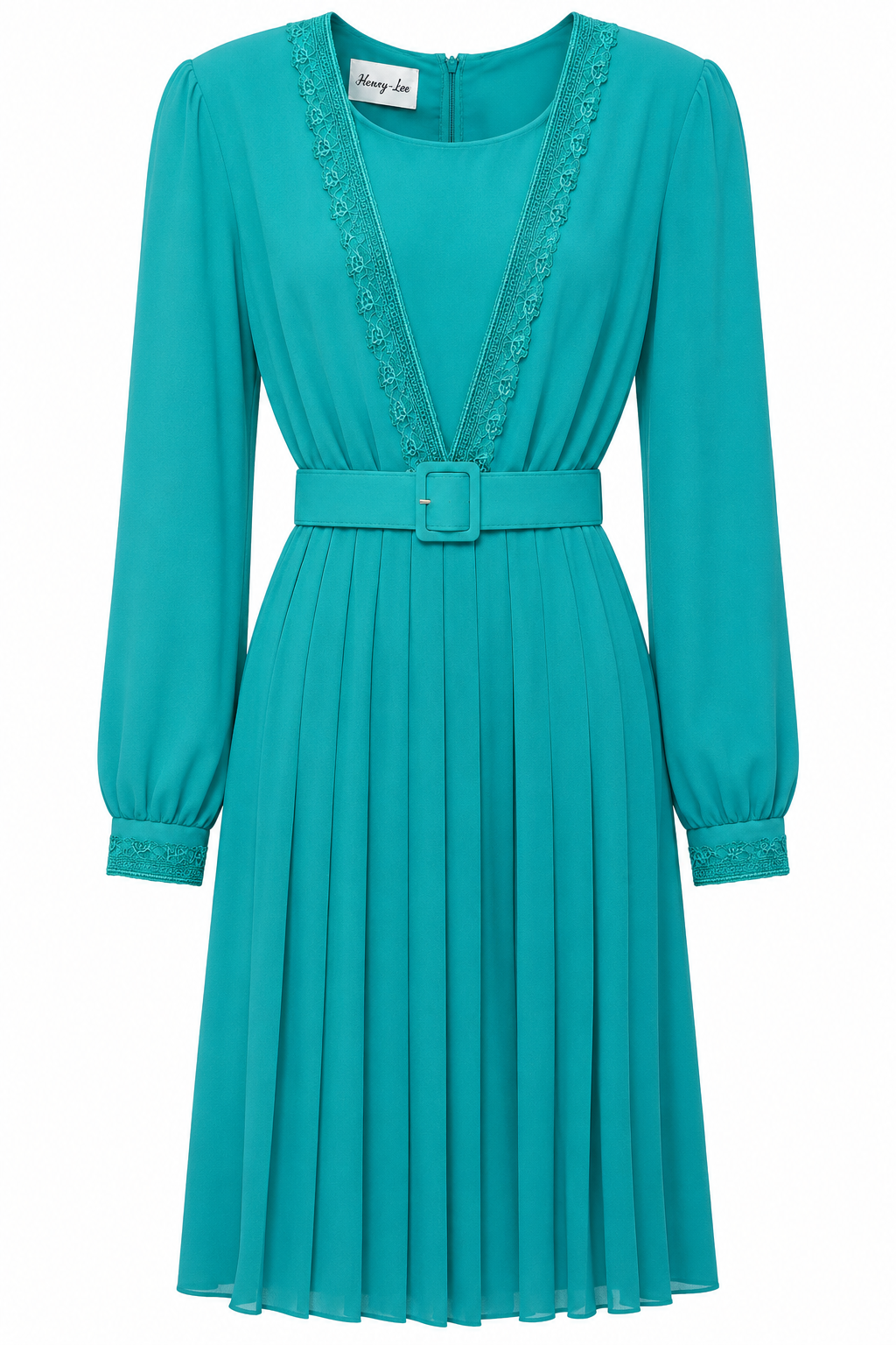 Vintage 1980s Henry-Lee Teal Belted Pleated Midi Dress – Size 14
