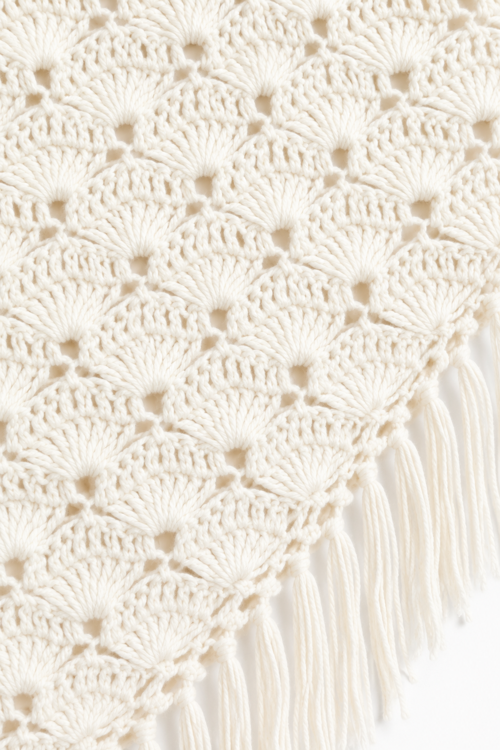 Vintage Cream Hand-Crocheted Fringe Shawl Wrap – Romantic Open Knit | One Size