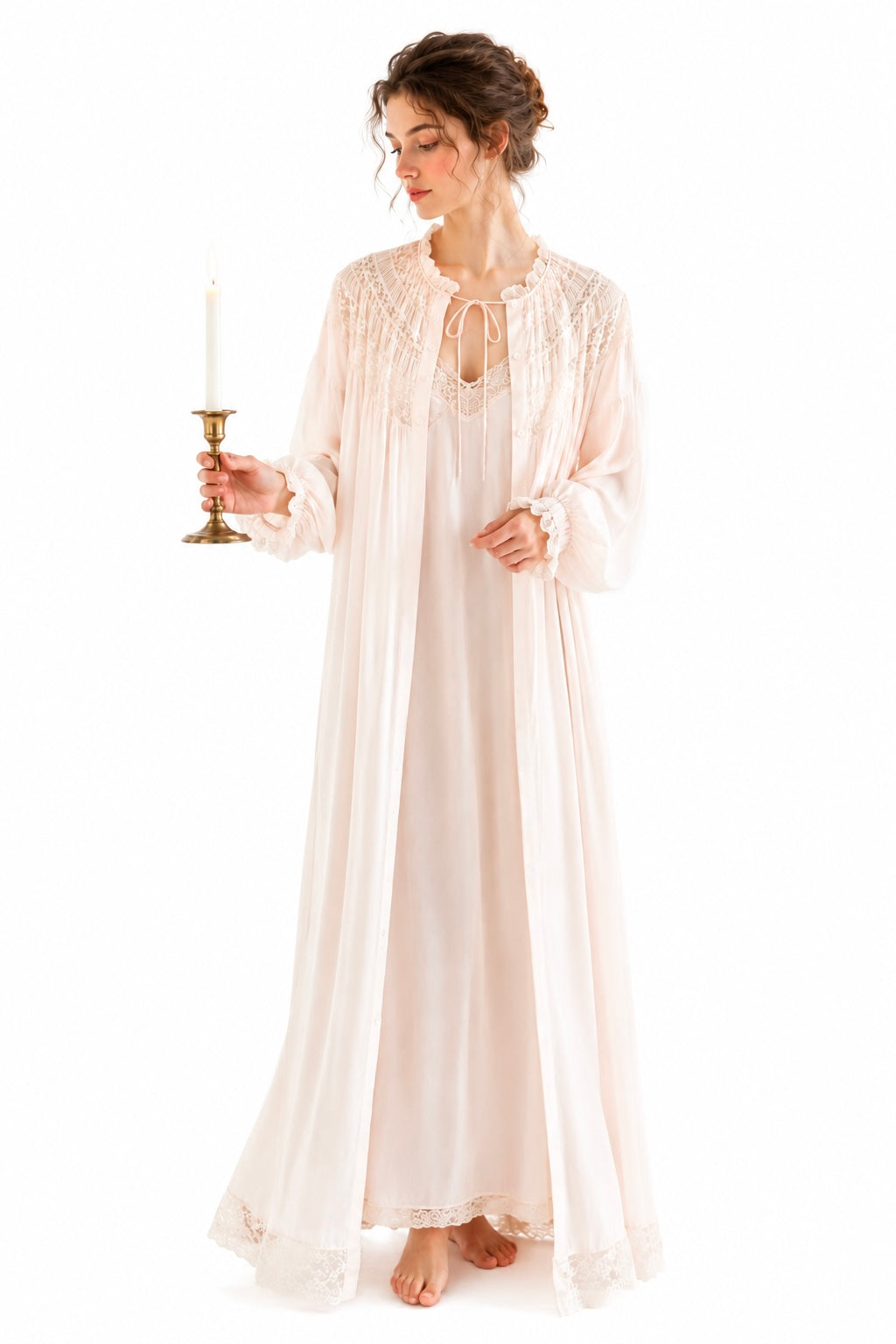 Vintage One Size Blush Pink Nylon Lace Robe | Romantic Sheer Peignoir Lounge Robe
