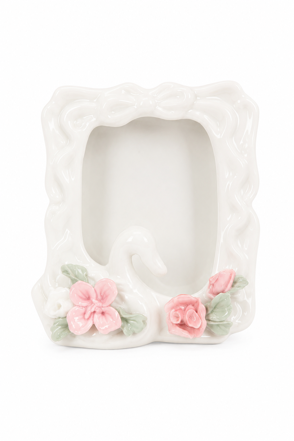 Vintage Porcelain Floral Swan Picture Frame | Pink Roses & Lily | Cottagecore Vanity Décor