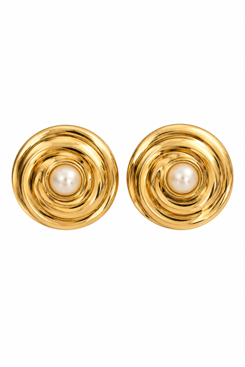 Vintage 1980s Gold-Tone Swirl Faux Pearl Stud Earrings | Elegant Retro Statement Jewelry