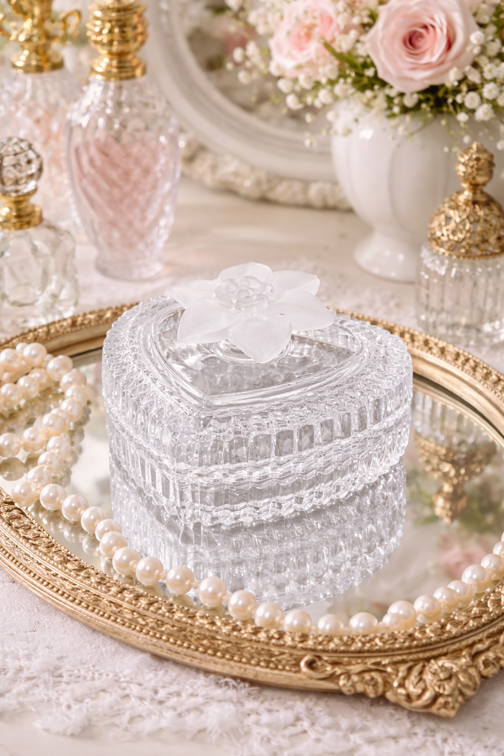 Vintage 1980s Cristal d’Arques France Heart-Shaped Glass Trinket Box with Frosted Floral Lid