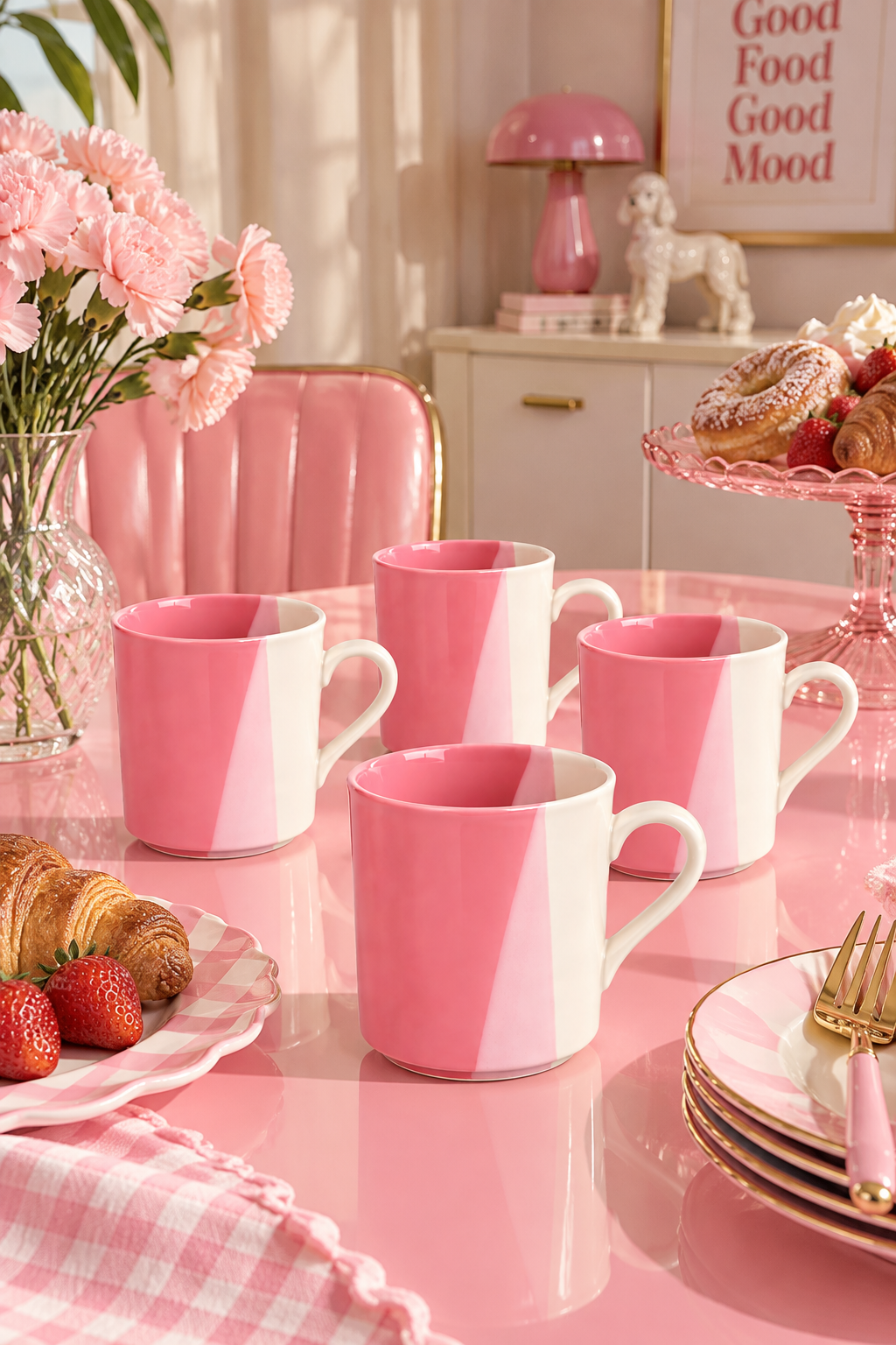 Vintage 1970s Pink & White Color Block Ceramic Mugs – Set of 4 Made in Japan
