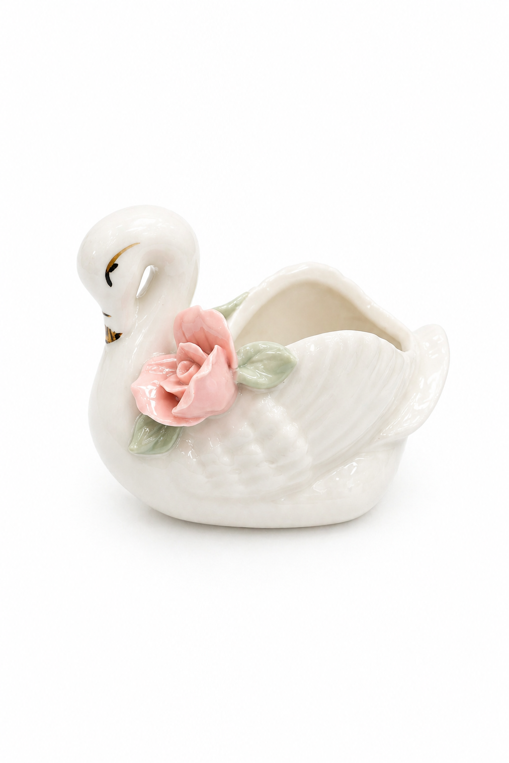 1980s Porcelain Swan Trinket Dish with Pink Roses | Vintage Jewelry Holder