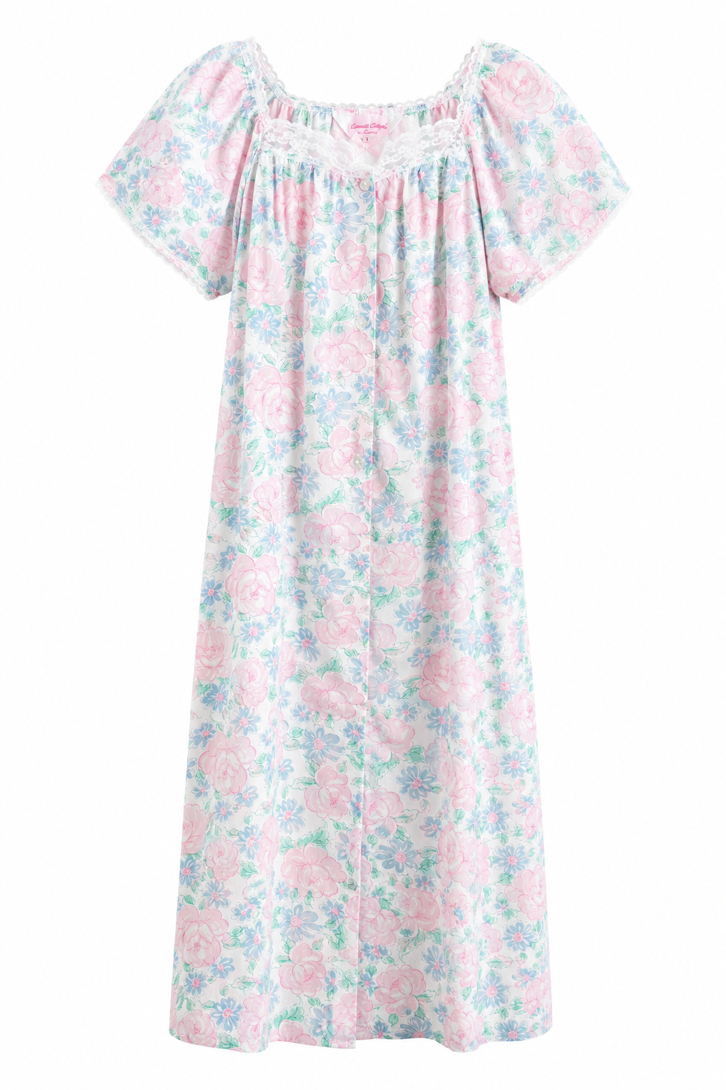 Vintage Pastel Floral Nightgown | Cottagecore Lace Trim Sleep Dress (M 12-14)