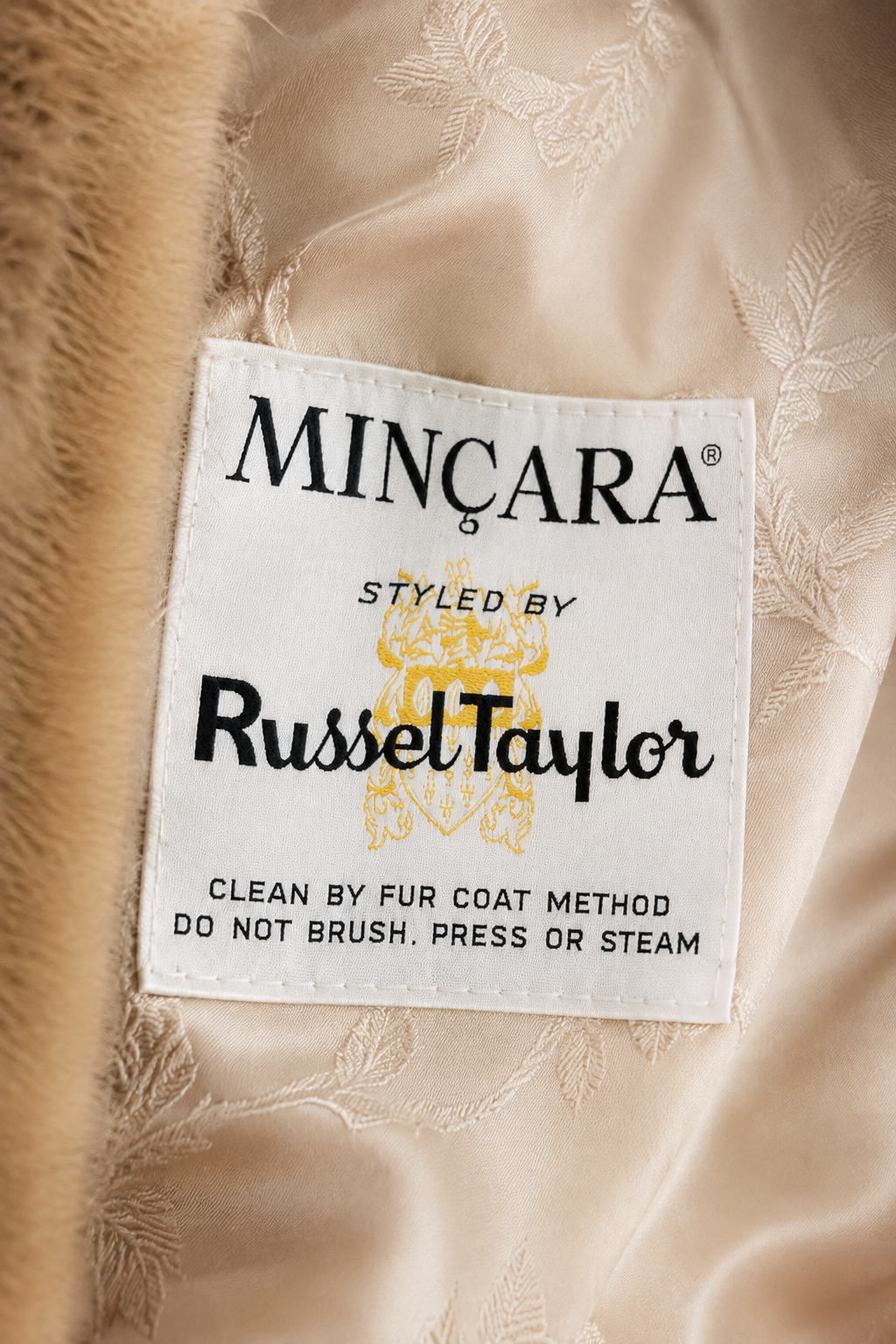 Pristine 1960s–70s Minçara by Russell Taylor Luxury Faux Mink Coat Camel French Style Floral Jacquard Lined M/L