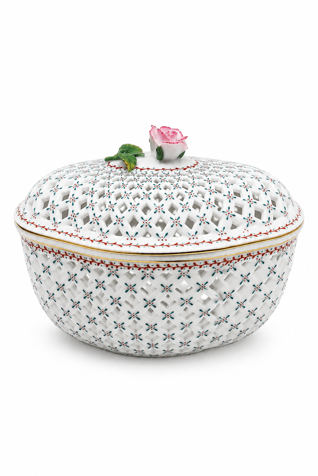 Vintage 1990s Royal Danube Reticulated Porcelain Lidded Trinket Box with Rose Finial