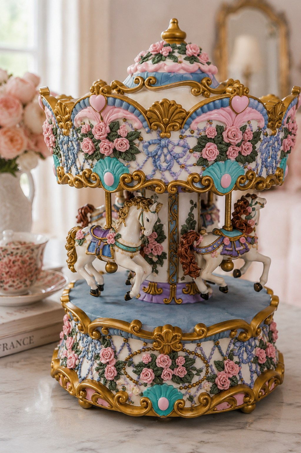 RARE Vintage Floral Blue Carousel – Large Decorative Display Piece *BROKEN* Display ONlY!