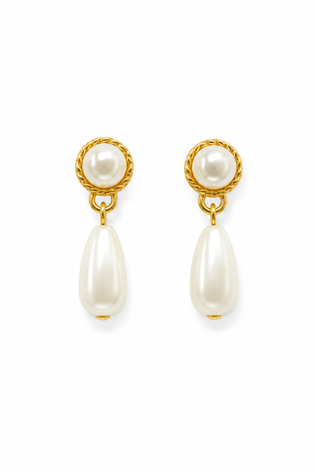 Vintage 1980s Gold Tone Double Faux Pearl Teardrop Drop Earrings | Classic Elegant Dangle Earrings | 1.25”