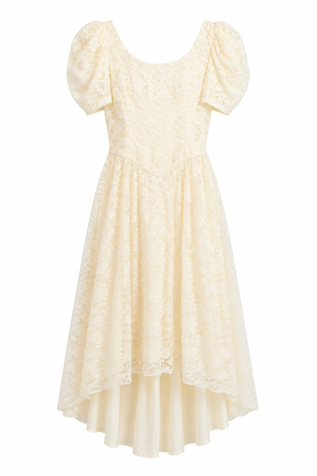 Vintage 1980s Ivory Floral Lace Bridal Gown Puff Sleeve High Low Wedding Dress with Train XS/S