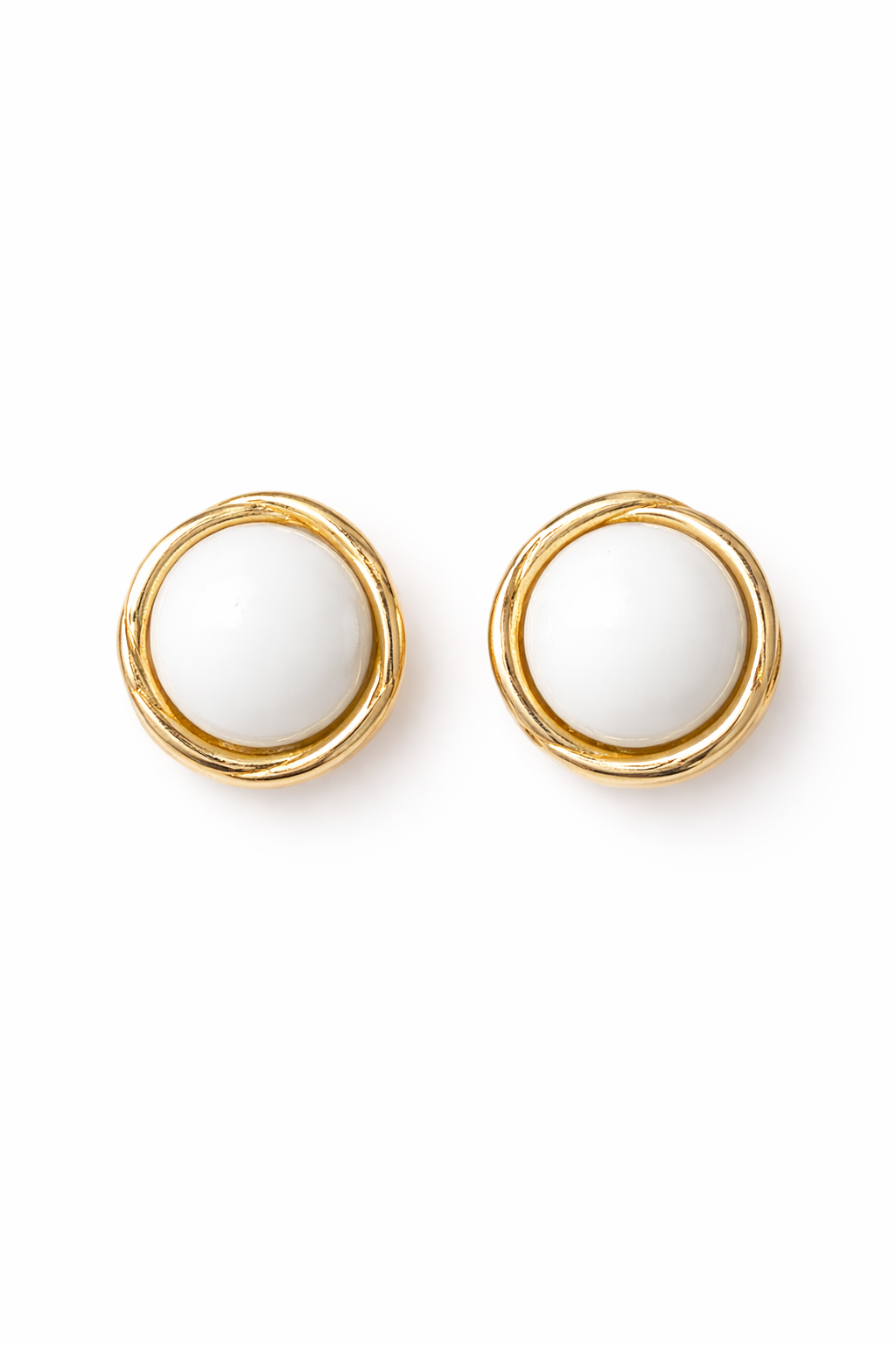 Vintage Gold-Tone White Cabochon Stud Earrings | Classic Minimalist Design
