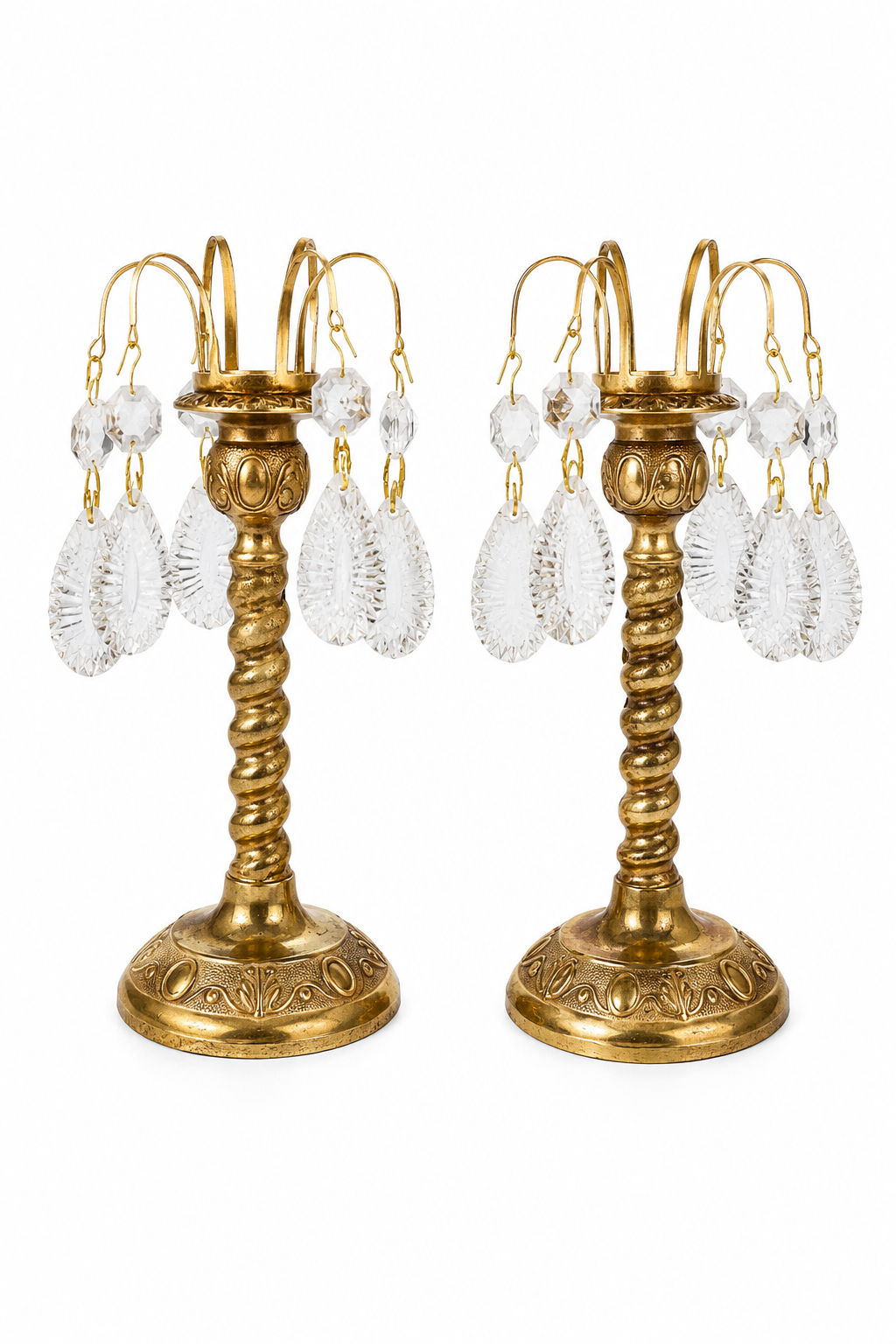 Vintage Made in England Brass Crystal Prism Candlestick Holders – Set of 2 Ornate Candle Holders