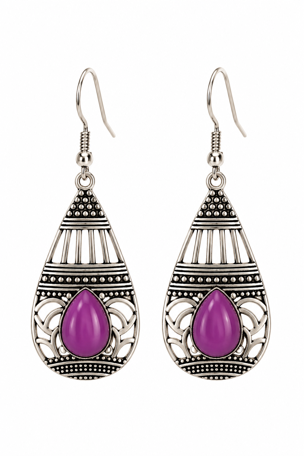 Romantic Purple Teardrop Silver-Tone Dangle Earrings | Victorian-Inspired Filigree Statement Jewelry