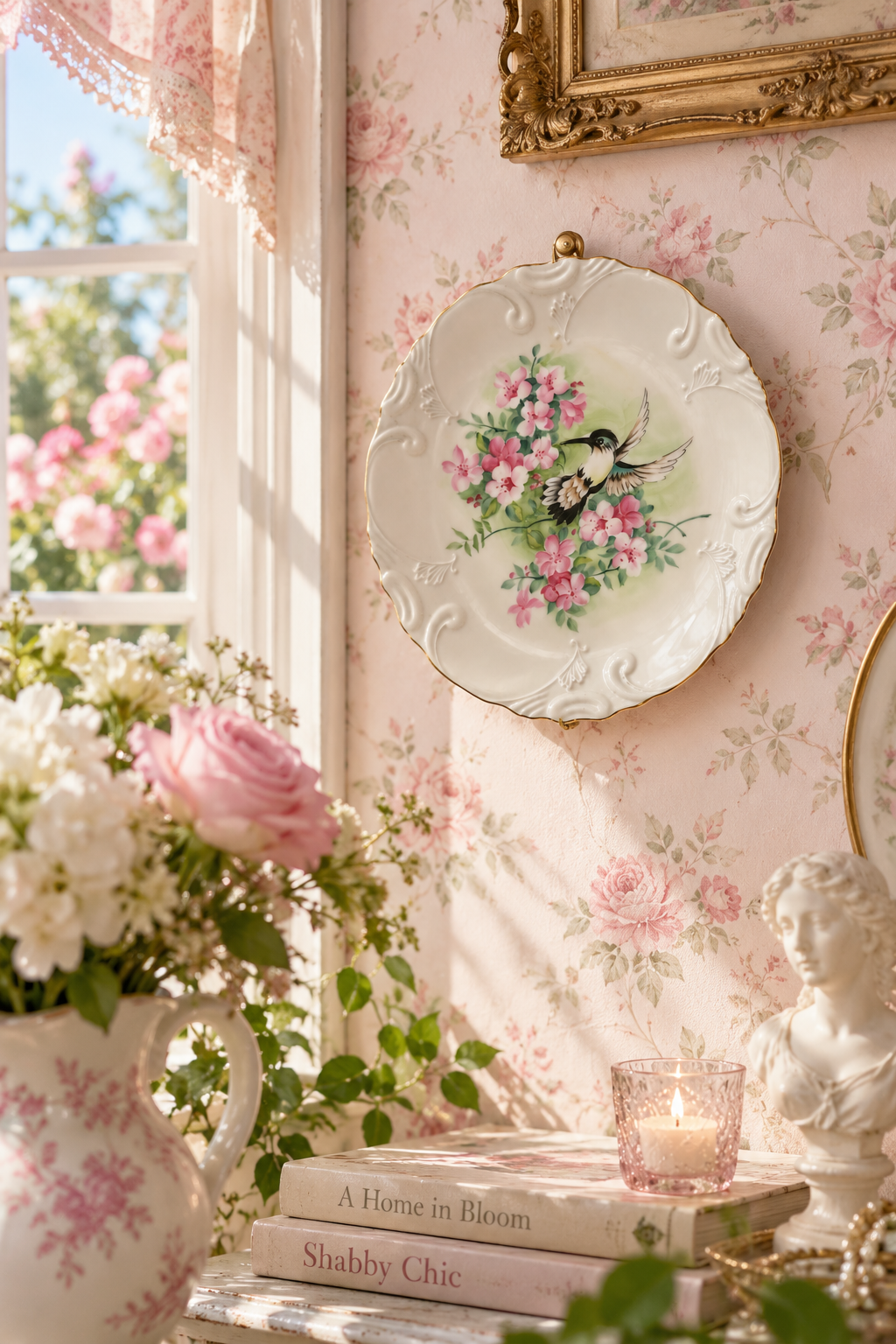 Vintage Hand-Painted Hummingbird Porcelain Decorative Plate – Pink Flowers, Gold Trim & Scalloped Edge
