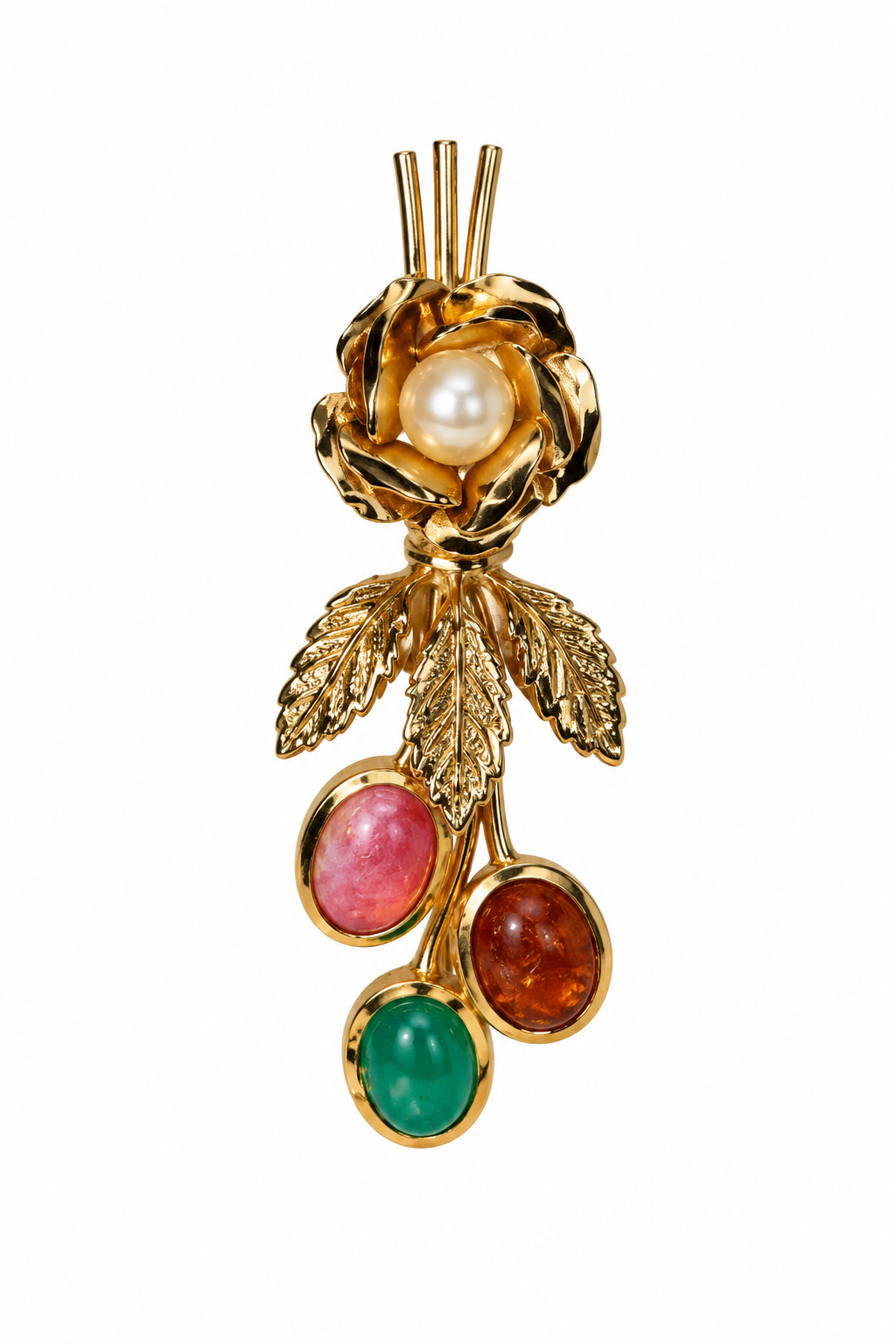 Vintage 1980s Gold-Tone Faux Pearl & Cabochon Floral Brooch