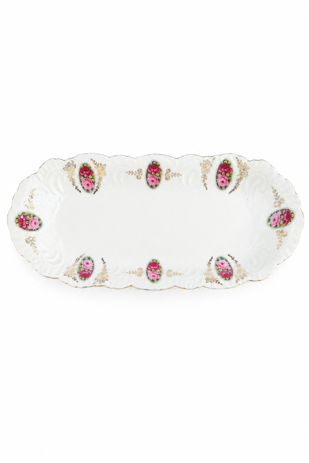 Antique Bavaria Porcelain Serving Platter | Floral Rose Vanity Tray | Gold Trim Relish Dish | 12.5” Decorative Plate
