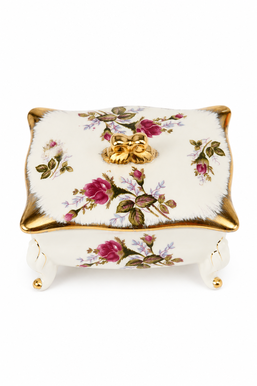Vintage 1950s Pink Rose Porcelain Vanity Trinket Box | Gold Bow