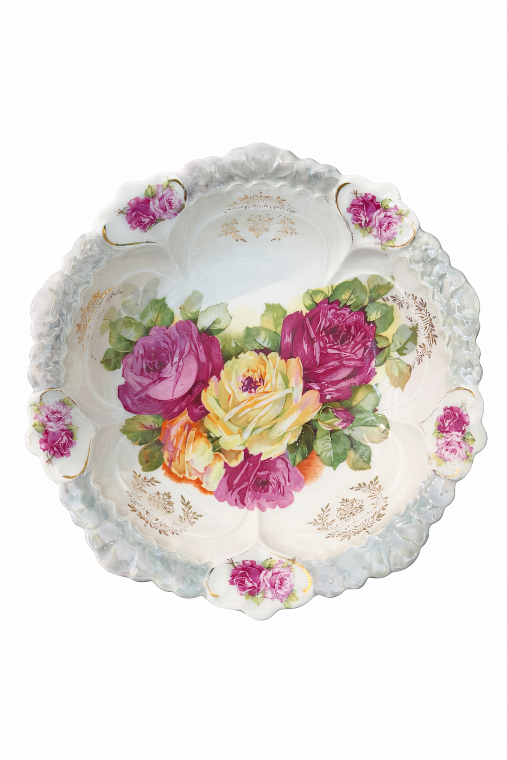 Antique German Porcelain Serving Bowl Plate (1890–1940) | Pink & Yellow Roses, Gold Trim, 10.5” Vintage Floral Dish