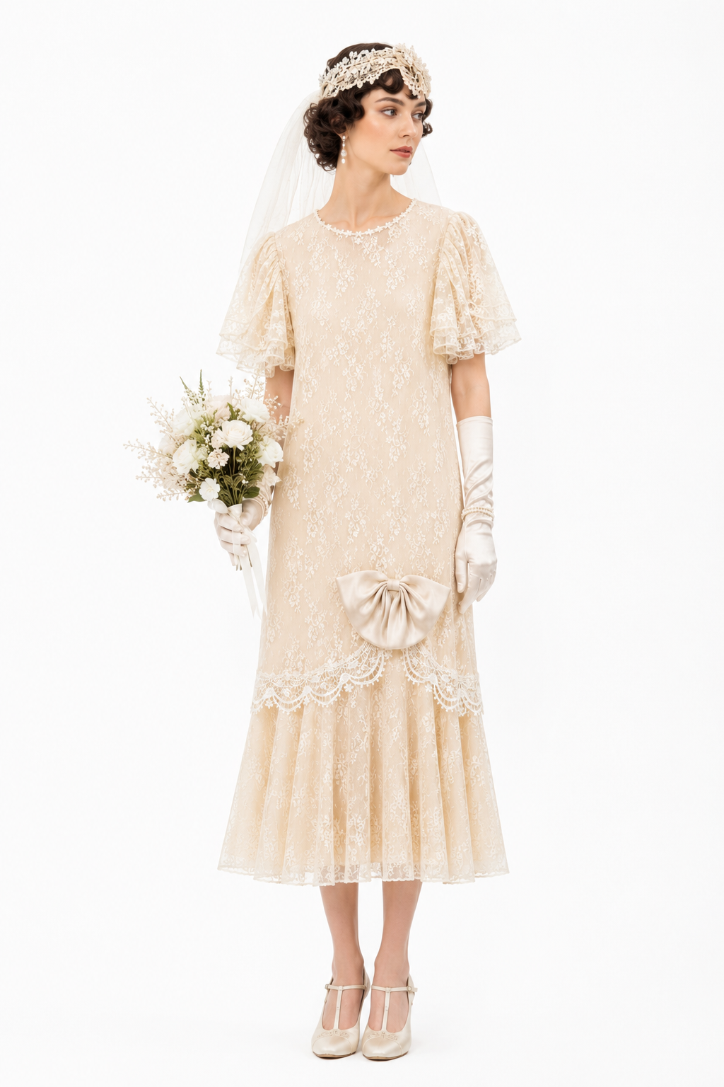 NWT Vintage 1980s Barbara Shodos for Michael Marcella Cream Lace Drop Waist Flapper Dress M