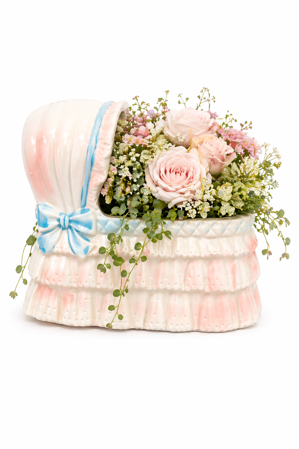 Vintage Pastel Baby Bonnet Planter Basket | Pink & Blue Nursery Decor Pot