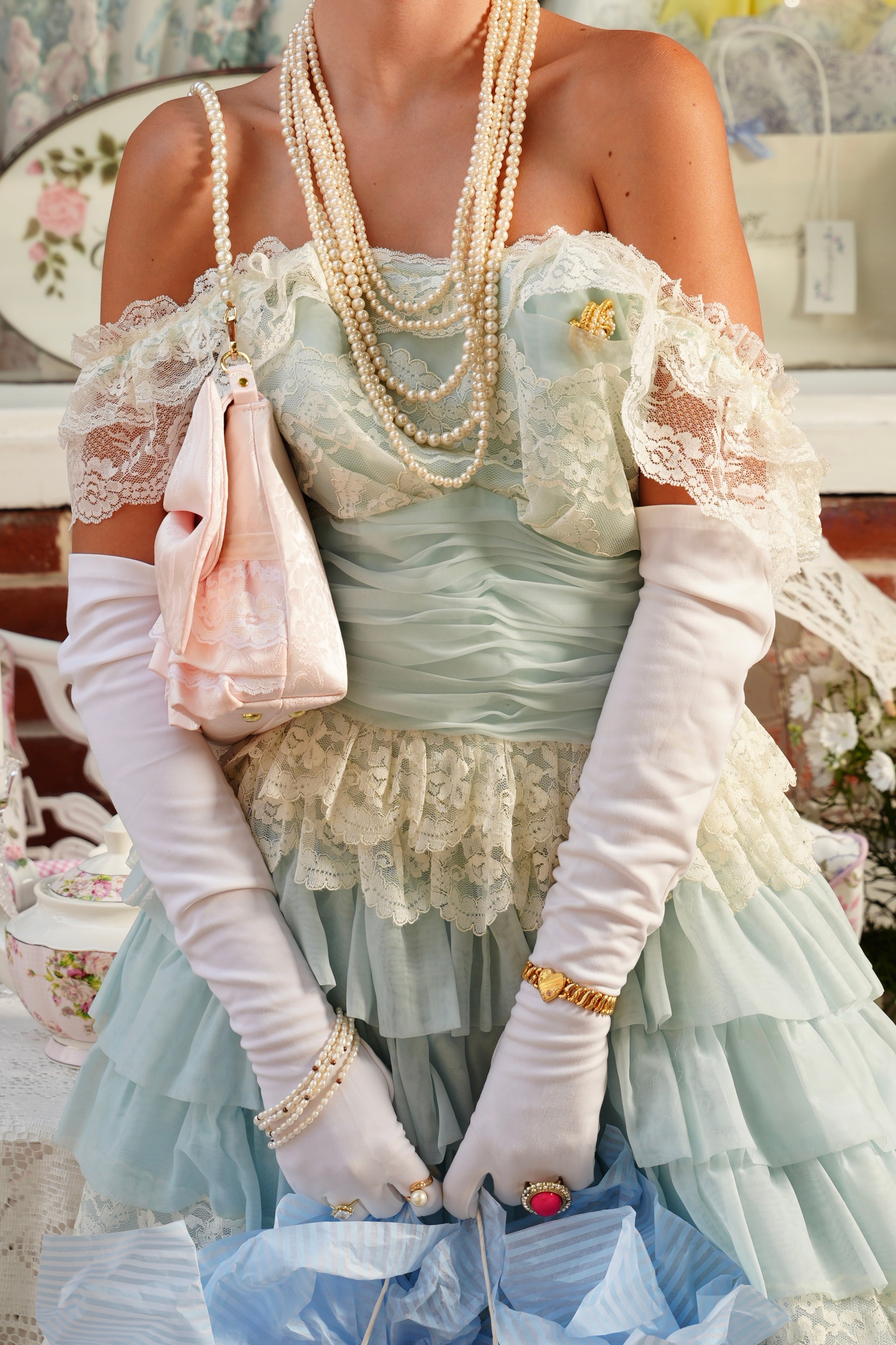 Vintage 1970s Pastel Blue Tiered Ruffle Prairie Maxi Dress Gown with Lace Trim XS/Small