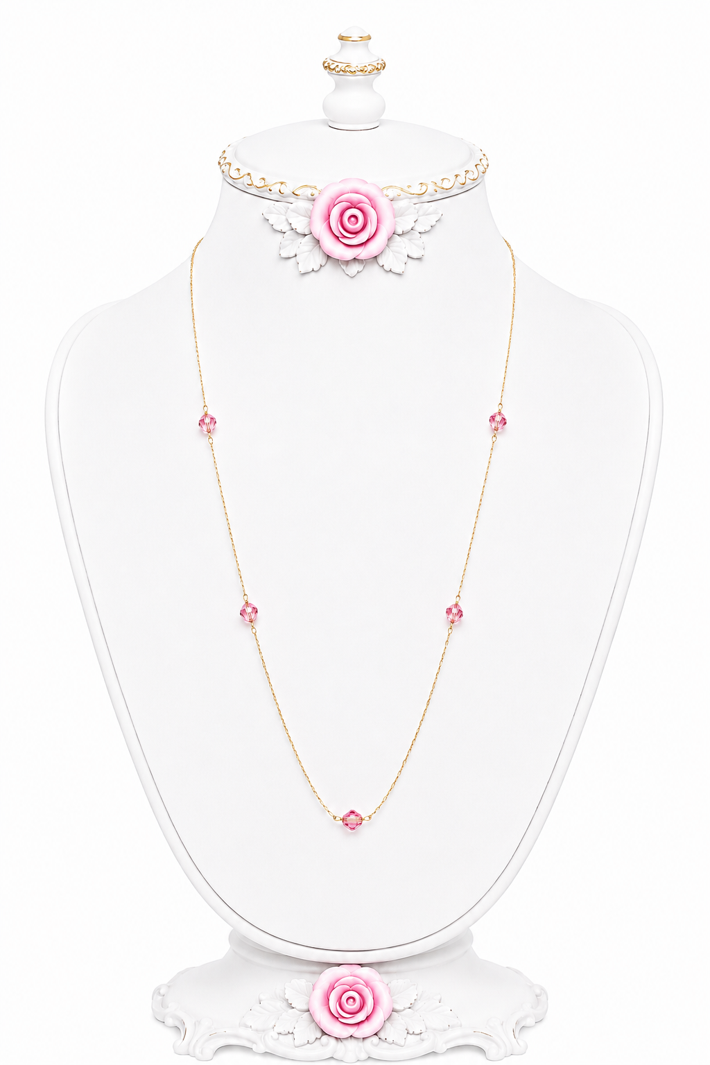 Vintage 1980s Gold Tone Pink Crystal Station Necklace – Delicate Tin Cup Style – 15”