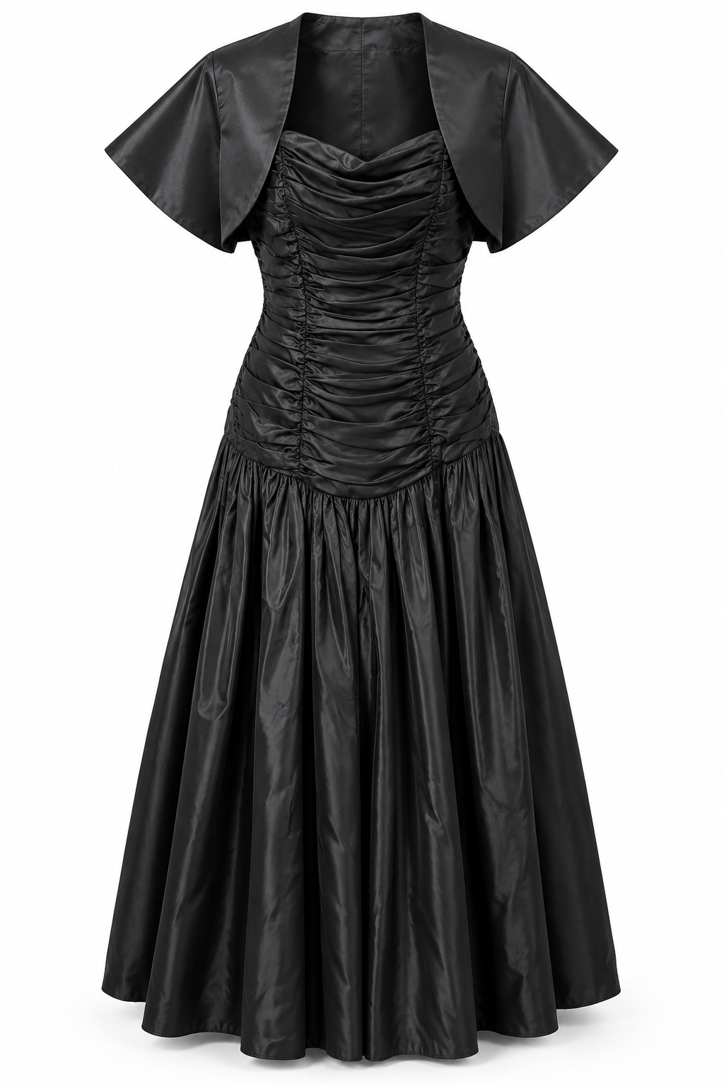 Vintage 1950s Black Ruched Strapless Evening Gown & Cropped Cape Jacket Two-Piece Set | XS