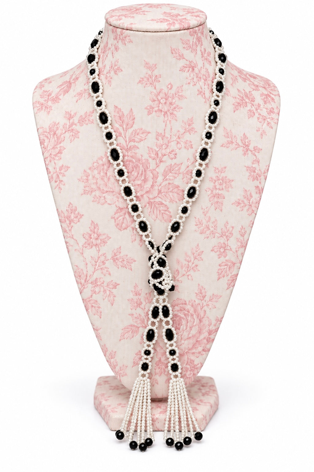 Vintage 1970s Woven Monochrome Lariat Open-Ended Lightweight Bead Netting Tassel Necklace, 24"