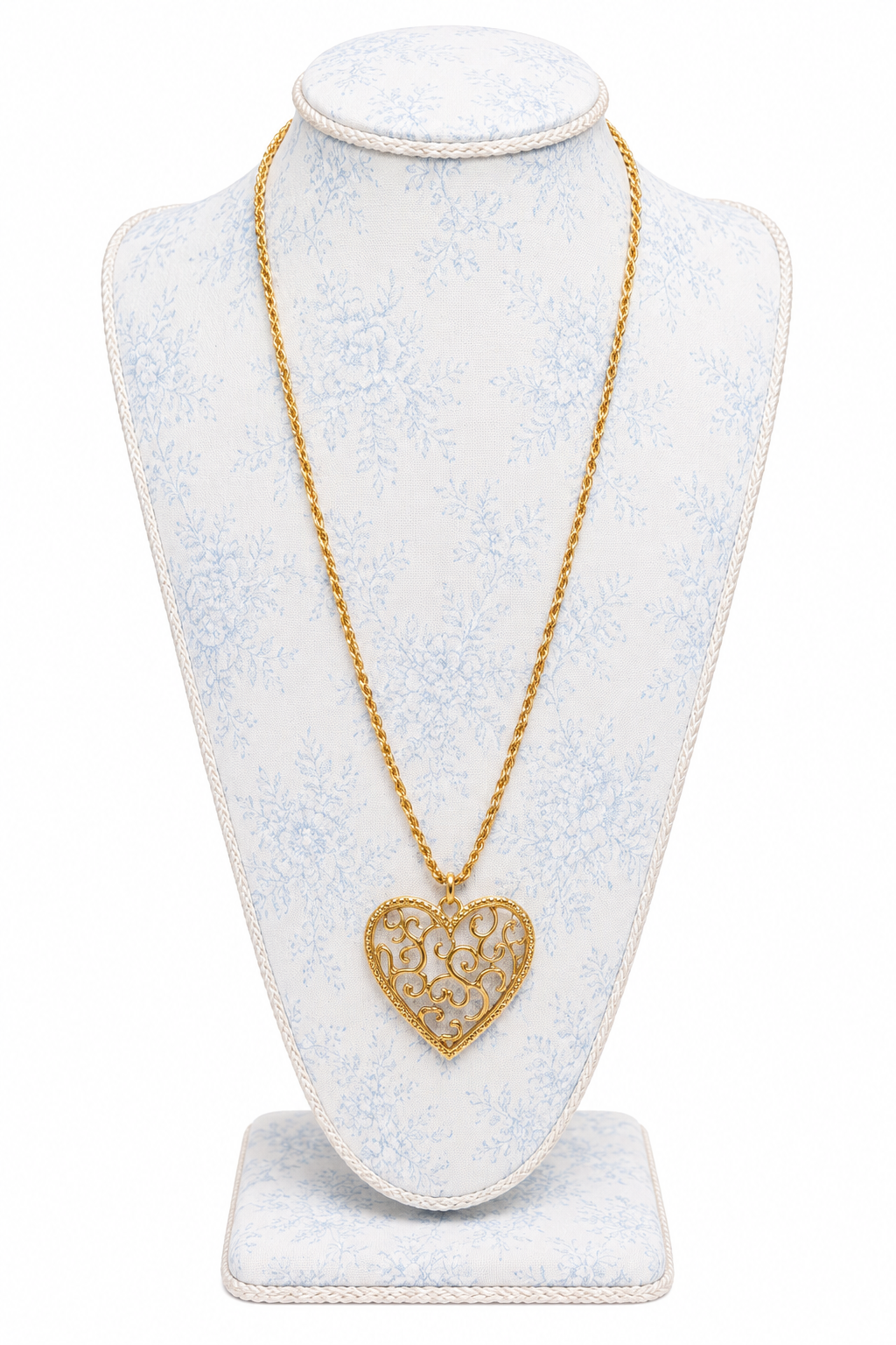 Vintage 1980s Gold Tone Filigree Open Heart Pendant Necklace – Long 36” Chain