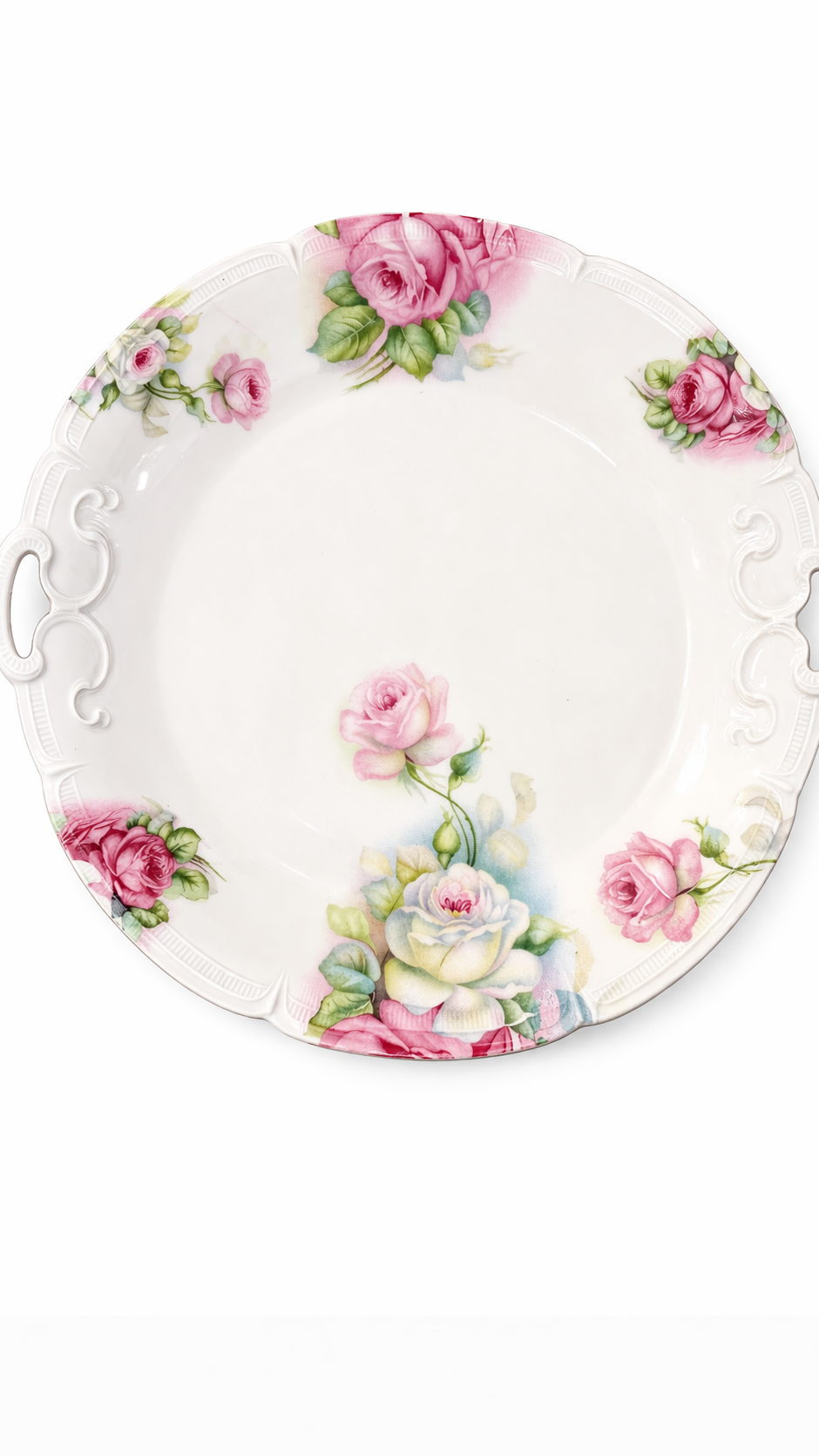 Antique Early 1900s German Floral Plate with Handles | Porcelain Serving Plate