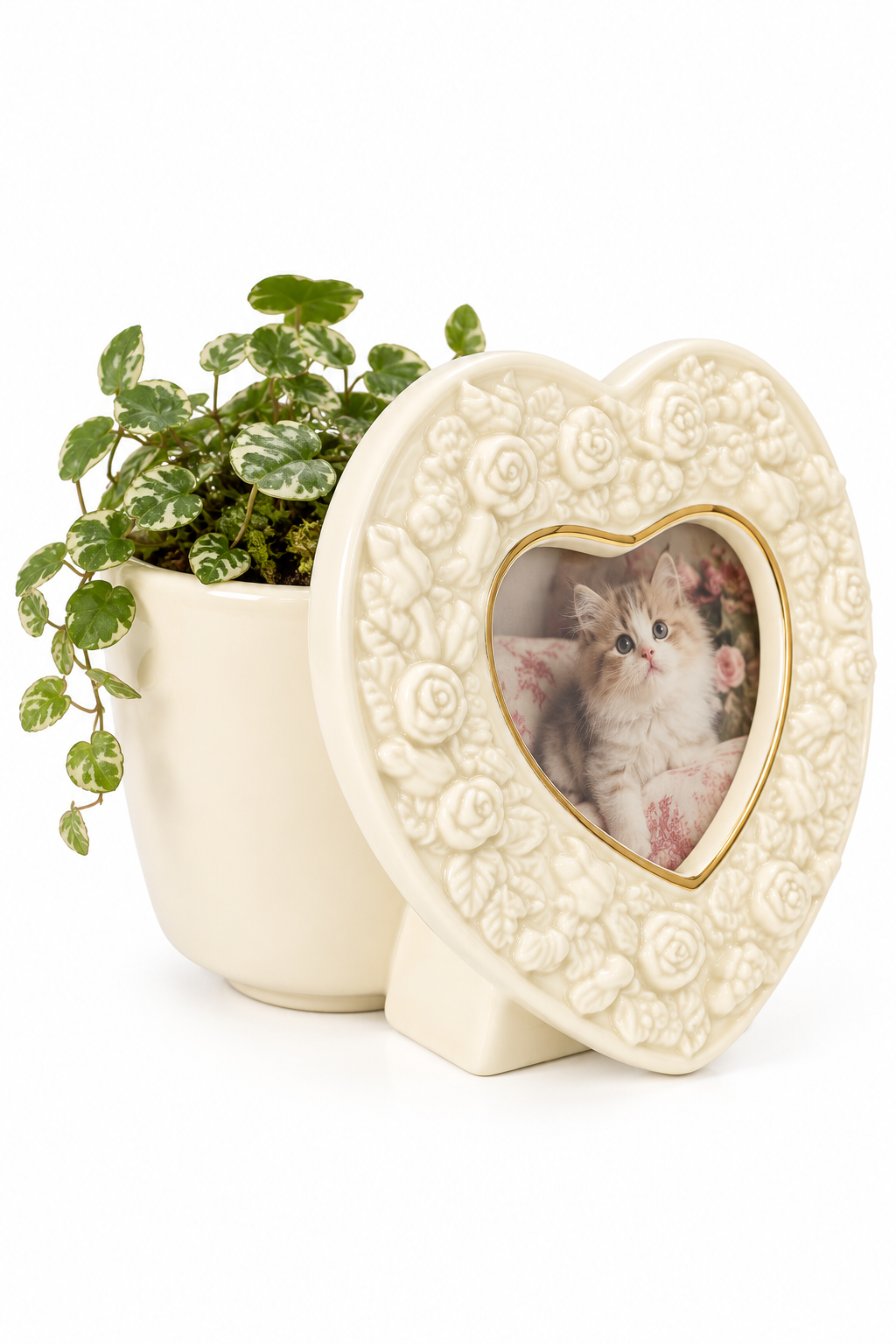 Vintage Heart-Shaped Photo Frame & Planter | Floral Rose Ceramic Vanity Décor