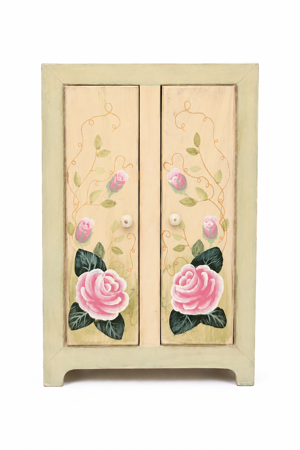 Vintage Hand-Painted Wooden Rose Cabinet Jewelry Box with Double Doors | Cottagecore Shabby Chic Storage Hutch