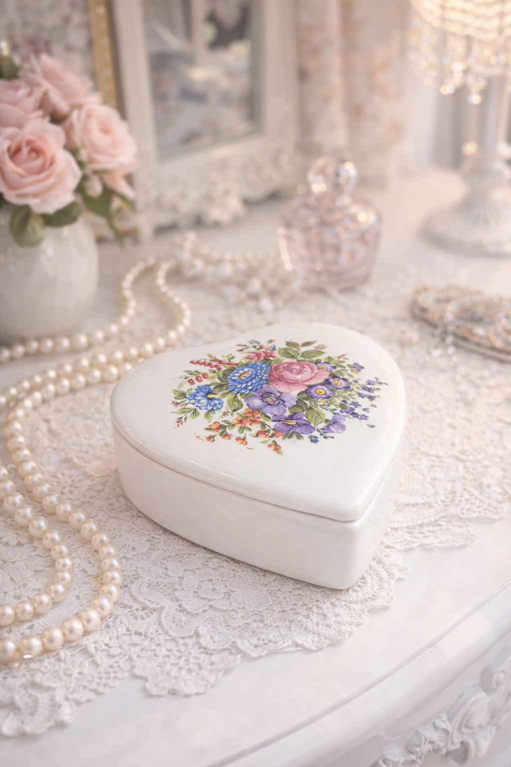 Sweetheart Floral Porcelain Heart Trinket Box | Vintage Style Jewelry Keepsake Box