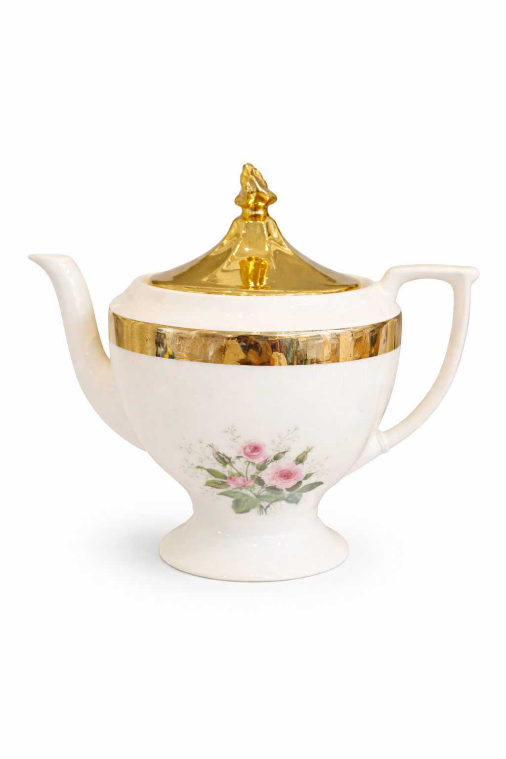 Vintage Porcelain Teapot with Gold Lid | Pink Rose Floral, White & Gold Trim, Elegant European Style Tea Pot