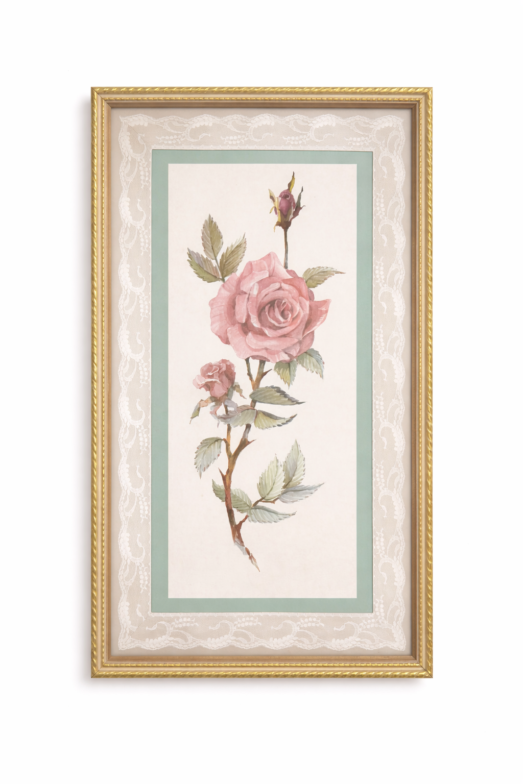Vintage Shabby Chic Rose Wall Art Print | Pastel Floral with Lace Mat, Gold Frame, Cottagecore Decor
