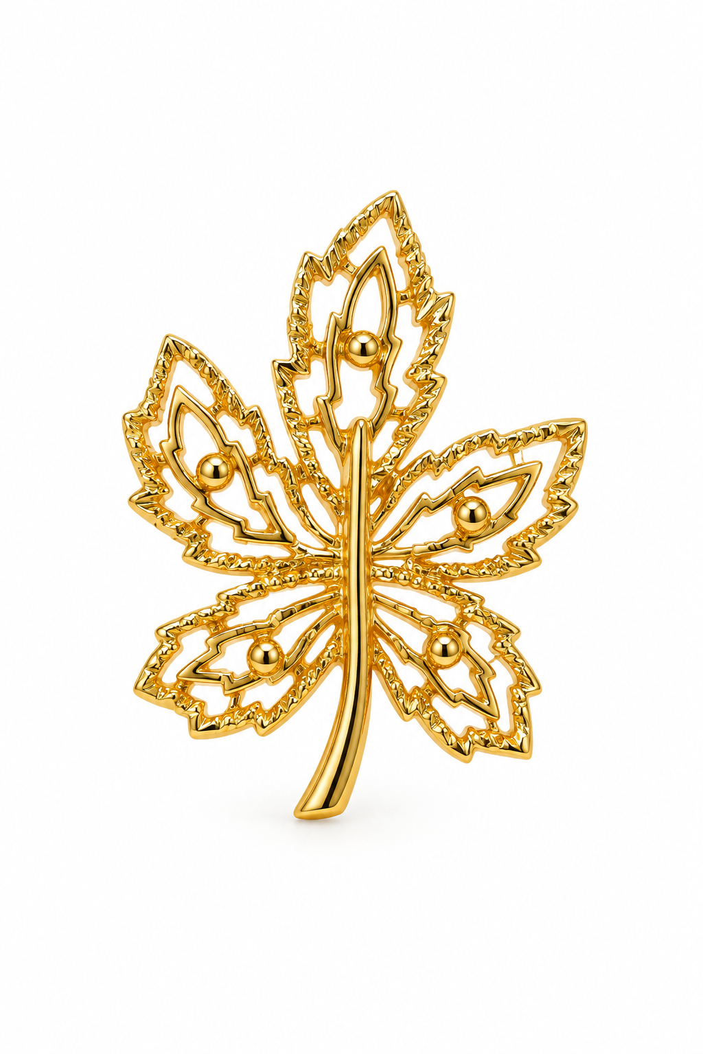 Vintage Mid-Century Gold-Tone Openwork Filigree Maple Leaf Brooch Pin