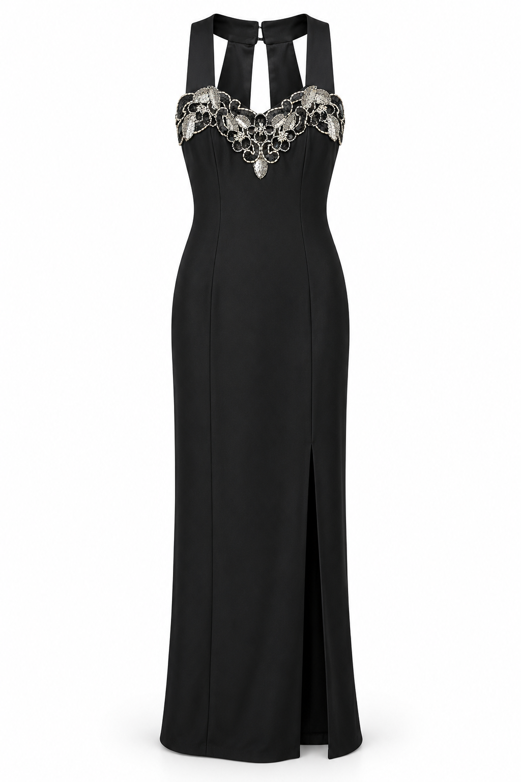 Vintage Jump Apparel Co. Black Beaded Evening Gown – Side Slit & Cutout Back – Size 3/4