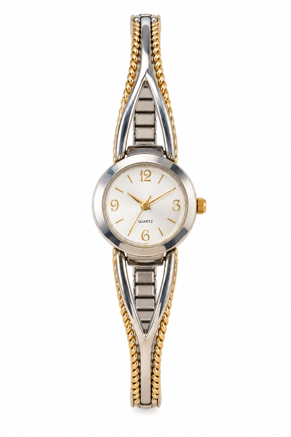 Vintage 1980s Women’s Two-Tone Wishbone Quartz Watch – Gold & Silver Tone Stretch Bangle