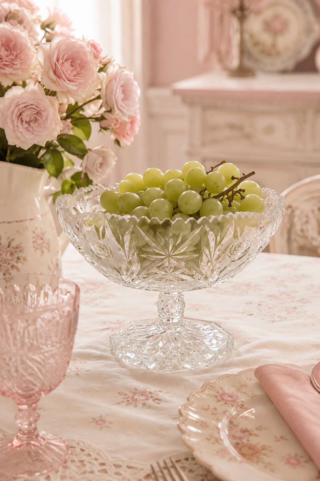 Vintage Etched Glass Footed Compote Bowl | Floral & Starburst Fruit Bowl | Pedestal Serving Dish | 10” x 6”
