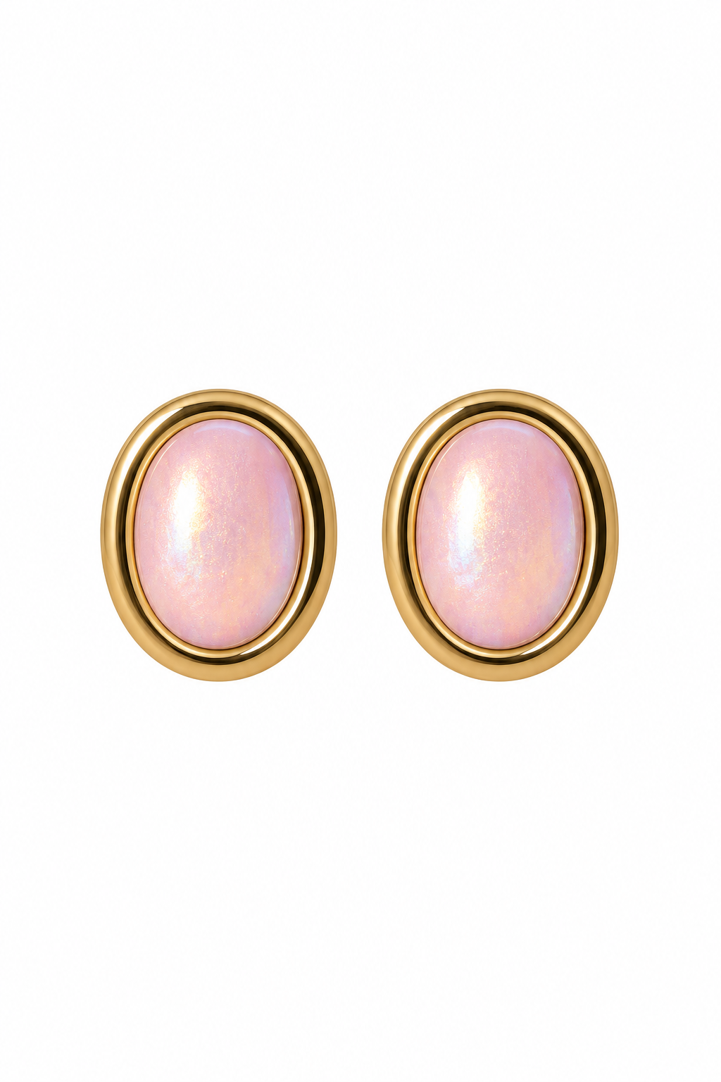 Vintage 1980s Pearlescent Pink Oval Cabochon Gold-Tone Clip-On Statement Earrings