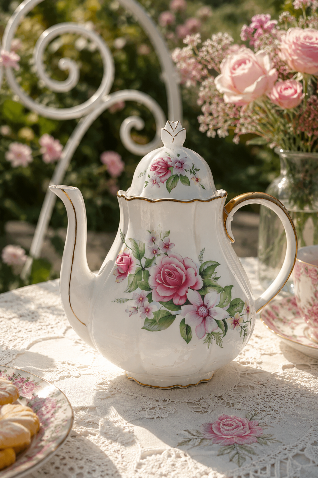 Vintage 2003 Lefton Porcelain Floral Teapot – Pink Rose Gold Trim Cottage Tea Pot